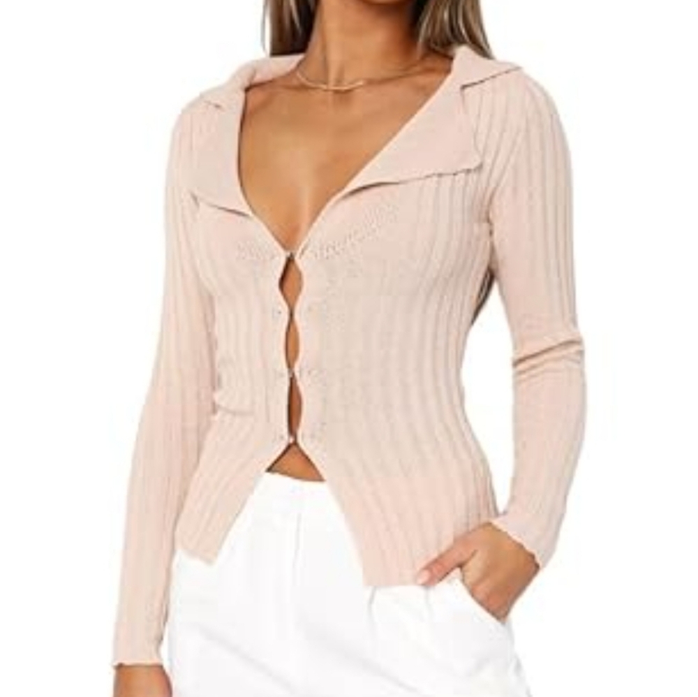White Fox Light Pink Deep V Neck Ribbed Cardigan Sweater